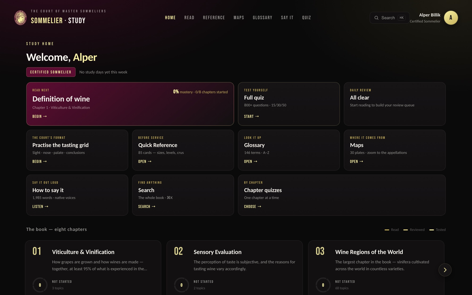 The Sommelier Study dashboard, showing what to read next and the eight chapters