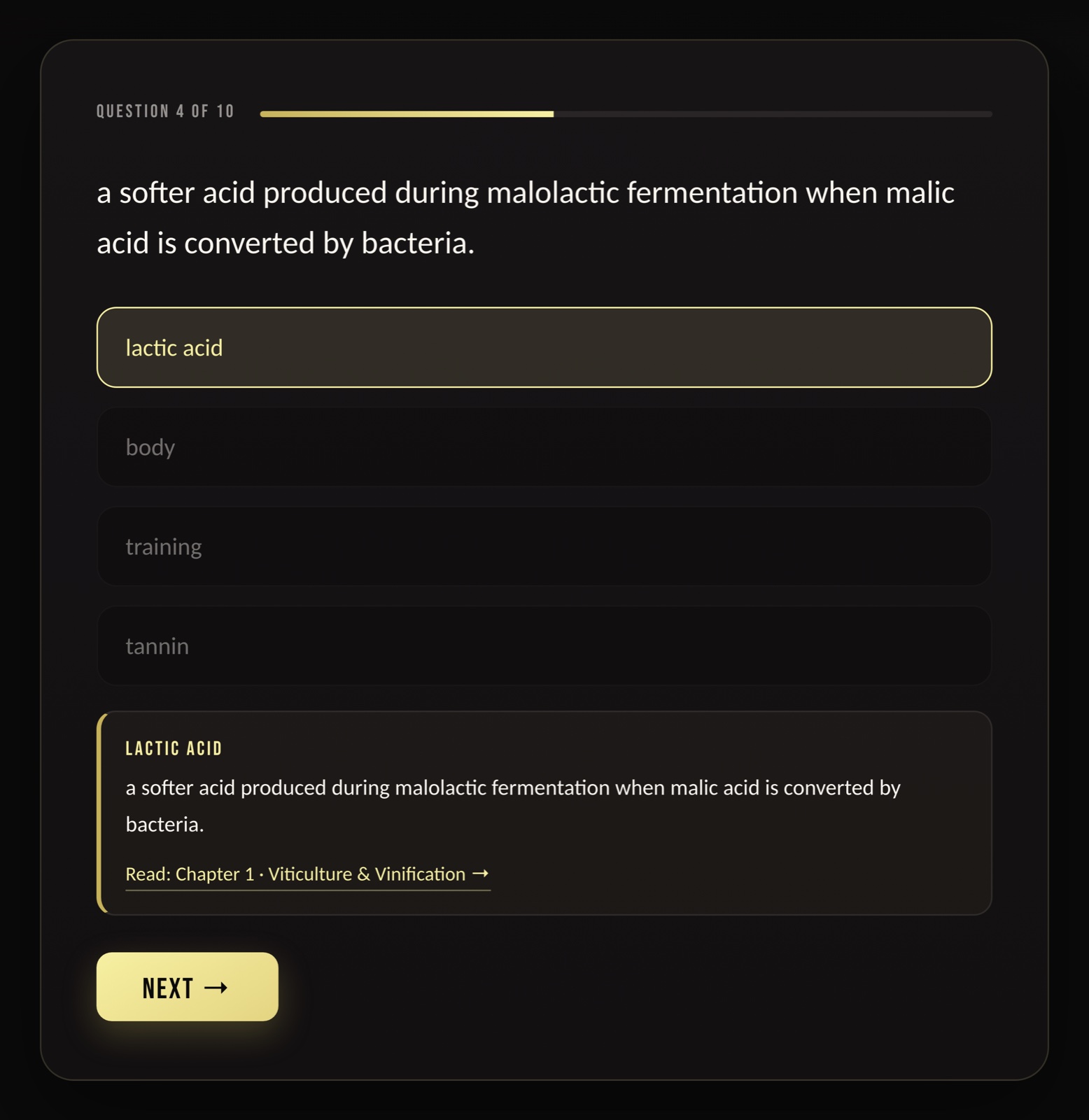 A quiz question answered correctly, with the definition and a link to the chapter